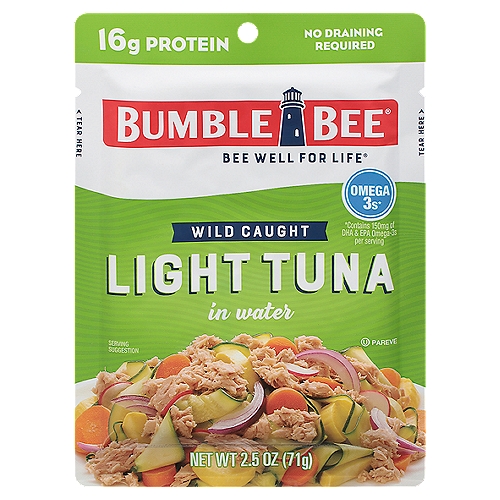 Bumble Bee Wild Caught Light Tuna in Water 2.5 oz. Pouch
As a seafood company, we like to think we put the port in portable meals. And the protein. And all the yum. This simple innovation means when you're hitting the road, mountain, or desert, you can get all this goodness in our powerhouse Wild Caught Light Tuna in Water Pouch, packed with a whopping source of protein. For all you folks without can openers out there, it's also a fast and healthy way to top off a salad, sandwich, or wrap.

Think outside the sandwich.
Sure there are lots of fish in the sea, but there's only one Bumble Bee, Wild caught. Dolphin safe. Incredibly delicious. Amazingly versatile. This light tuna is packed with protein and ready for anything—think salads, wraps, pasta, and more.