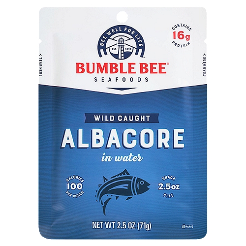 Bumble Bee Wild Caught Albacore in Water 2.5 oz. Pouch
Our versatile, convenient, affordable, nutritious, and downright delicious Wild Caught Albacore Tuna in Water packed in a portable pouch. Never again will you settle for fast food on the go. Never again will you drop $20 on an expensive post workout shake after the gym. Never again will you wish your salad was a little more sophisticated. And never will you be short on meal options again. Go on, fellow Albacore believer. Our work is done here.

Go wild for Albacore.
Sure there are lots of fish in the sea, but there's only one Bumble Bee. Wild caught. Dolphin safe. Amazing albacore. This albacore tuna is firm, flavorful, and packed with protein.
Dive in. Perfect in a salad, on a sandwich, or straight from the pouch.