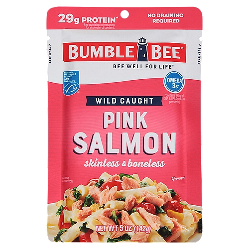 12/5OZ BB Bumble Bee Wild Caught Skinless & Boneless Pink Salmon 5 oz. Pouch
A superfood that's cheaper and faster than most fast food? Tickle us pink. This deliciously convenient superfood, our Wild Caught Pink Salmon Skinless & Boneless Pouch comes packed with lean protein, healthy fats, and nutrition to get you in top gear when you're on the go.

Contains 29g Protein*
*See nutrition information for sodium & cholesterol content

Tear into the goodness.
Sure there are lots of fish in the sea, but there's only one Bumble Bee. Wild caught. Protein rich. Mild, delicate and ready to savor. This pink salmon is easy to use in all your favorite recipes - and a few of ours!