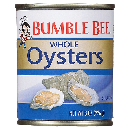 Bumble Bee Premium Select Fancy Whole Oysters, 8 oz
Special occasions call for something special (especially if you want to avoid talking to your aunt about zoning laws at your next family gathering). And these oysters are something special. Sometimes called Boiled Oysters, our mouthwatering Whole Oysters are steamed, shucked by hand, carefully graded, and then packed in the can with water and salt. Make them up as an attention-grabbing appetizer or as the main ingredient in stews, casseroles, gumbos, and other hot dishes.