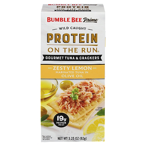 Bumble Bee Prime Marinated in Olive Oil & Zesty Lemon Tuna Snack Kit, 3.5 oz
Contains 16g Protein*

For a go - to snack that's an excellent source of protein,'' savor the moment to fuel your body, one delicious bite at a time.
*See nutrition information for fat content.