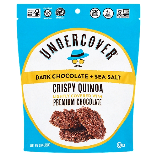 Undercover Dark Chocolate + Sea Salt Crispy Quinoa, 2.0 oz
At Undercover® we are passionate about creating delicious Better-for-You Snacks made from simple, allergy-friendly ingredients.
We started with crispy quinoa because it is naturally gluten-free and full of protein, fiber and nutrients.
Then we added some Sea Salt for a little pizazz... and covered it up with Premium Dark Chocolate.
Enjoy!