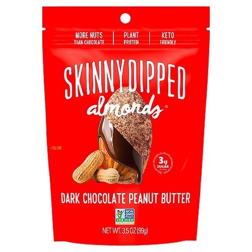 Skinny Dipped Almonds Dark Chocolate Peanut Butter Almonds, 3.5 oz
Snack More with Less On™

We started with Crunchy Roasted Almonds
Added a kiss of Organic Maple Sugar + Sea Salt
Skinny Dipped in a Thin Layer of Rich Chocolate
And finished with a hint of Peanut Butter