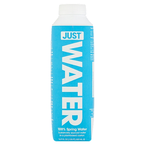 JUST Water 100% Spring Water, 16.9 fl oz
A system that's out to change everything.
We don't pump our water and go.
We partner with a small city in upstate to buy their excess spring water at 6x the municipal rate, which puts more $$$ into their local economy.
Then we package it up in a carton made from 54% paper and 34% plant-based plastic, totaling 88% renewable content, which means up to 74% less carbon emissions vs. similarly sized plastic bottles.
So if you're going to buy packaged water, this one's better for everyone.