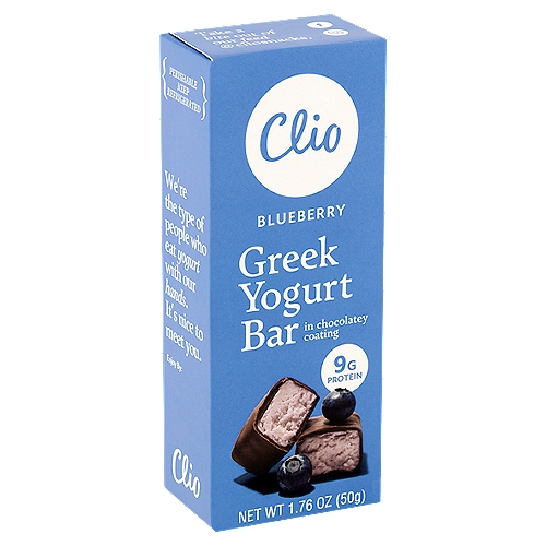Clio Blueberry Greek Yogurt Bar in Chocolatey Coating, 1.76 oz 
Live Active Cultures [L. Bulgaricus, S. Thermophilus]

No rBST*
*According to the FDA, no significant difference has been found between milk derived from rBST-treated and non-rBST-treated cows.