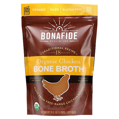 Bonafide Provisions Organic Chicken Bone Broth, 24 fl oz
One of Our Original Recipes.
With its mild flavor, this broth is comforting to sip and is also ideal for incorporating into almost any recipe that calls for liquid.

True Bone Broth. Traditionally Made.™

Made with Non GMO Ingredients²
²In Compliance with the National Organic Program.