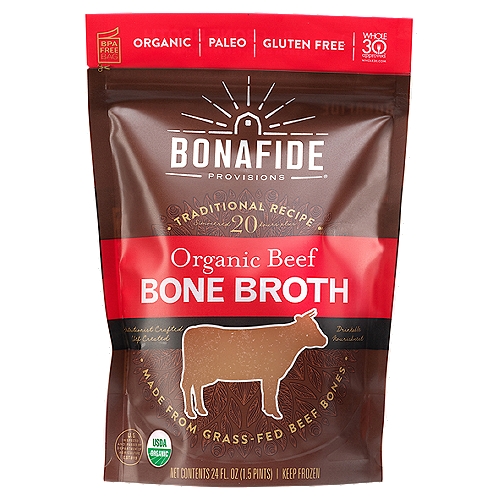 Bonafide Provisions Organic Beef Bone Broth, 24 fl oz
One of Our Original Recipes.
Minimal herbs and spices and a smooth flavor make this broth ideal for sipping or cooking.

True Bone Broth. Traditionally Made.™

Made with Non GMO Ingredients²
²In Compliance with the National Organic Program.