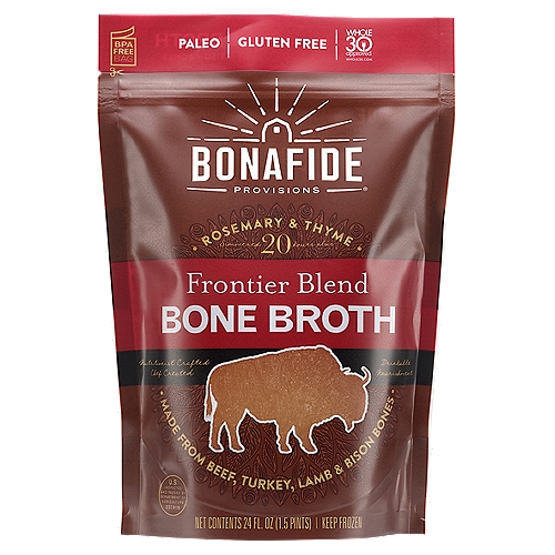 Bonafide Provisions Frontier Blend Bone Broth, 24 fl oz
This Broth is Hearty and Rich, with prominent notes of rosemary. Perfect to enhance any dish that includes meats such as pork, lamb, venison, or bison.

Made from Beef, Turkey, Lamb & Bison Bones

True Bone Broth. Traditionally Made.™
Slow Simmered 20+ Hours
Made from Pasture-Raised Bones
Filtered Water
Fresh Frozen No Stabilizers