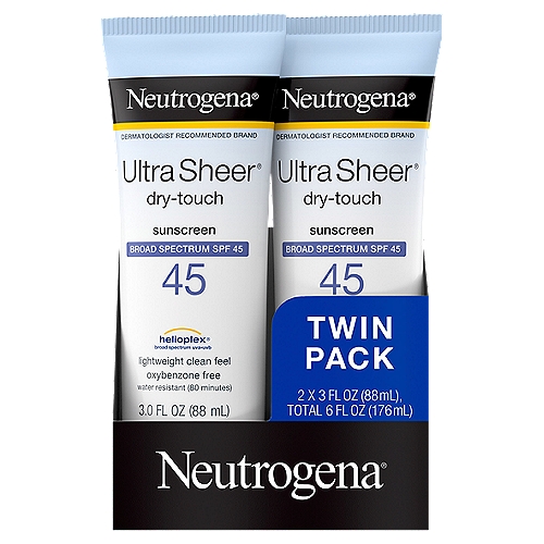 Neutrogena Ultra Sheer Dry-Touch Broad Spectrum Sunscreen Twin Pack, SPF 45, 3 fl oz, 2 count
Neutrogena® Ultra Sheer® with Helioplex® provides superior broad-spectrum protection against skin-aging UVA and burning UVB rays with a lightweight, clean feel.

Drug Facts
Active Ingredients - Purpose
Avobenzone 3%, homosalate 10%, octisalate 5%, octocrylene 10% - Sunscreen

Uses
• helps prevent sunburn
• if used as directed with other sun protection measures (see directions), decreases the risk of skin cancer and early skin aging caused by the sun