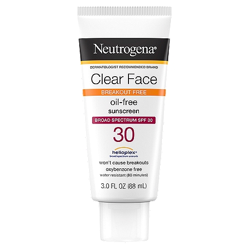 Neutrogena Clear Face Broad Spectrum Oil-Free Sunscreen, SPF 30, 3.0 fl oz
Helioplex®
Broad spectrum UVA-UVB

Drug Facts
Active ingredients - Purpose
Avobenzone (2.5%), homosalate (8%), octisalate (5%), octocrylene (8%) - Sunscreen

Uses
■ helps prevent sunburn
■ if used as directed with other sun protection measures (see directions), decreases the risk of skin cancer and early skin aging caused by the sun
