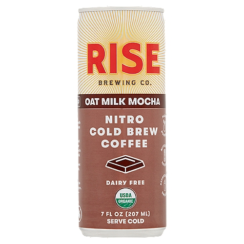 Rise Brewing Co. Oat Milk Mocha Nitro Cold Brew Coffee, 7 fl oz
This nitrogen-infused cold brew latte enhances our signature organic coffee with dairy-free, organic oat milk and rich cacao. It's creamy, naturally sweet and refreshingly smooth. It's all good.