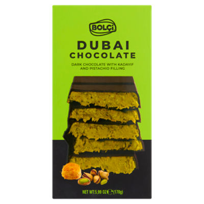 Bolçi Dubai Dark Chocolate with Kadayif and Pistachio Filling, 5.99 oz