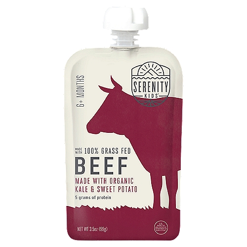 Serenity Kids Pouch, Grass Fed Beef with Organic Kale and Sweet Potato, 3.5 oz
Grass Fed Beef
We source 100% grass fed, grass finished cattle raised free range on American family farms with no added hormones, antibiotics, or GMO feed.

4 Simple Ingredients
Organic kale
Organic sweet potatoes
Grass fed beef
Water