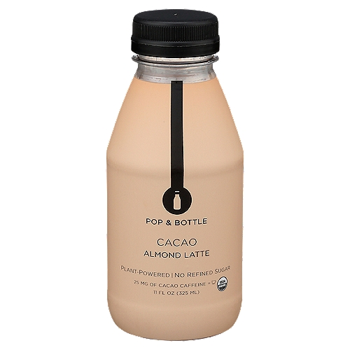 Pop & Bottle Cacao Almond Latte, 11 fl oz
A New Way to Latte™
A nutritious blend of cacao, pure almond milk, and a hint of dates. A functional and deliciously nourishing pick-me-up.

Plant-Powered
Dairy-free. No lactose. No cholesterol.

No Refined Sugar
Natural sweetness from dates.

Superfood Enriched
Made with nutrient-rich, pure cacao.

No Junky Extras
No gums. No thickeners. No preservatives.