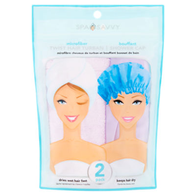 Spa Savvy Microfiber Twist Hair Turban and Bouffant Shower Cap, 2 count