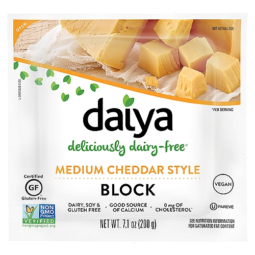 Daiya Block Medium Cheddar Style Cheese, 7.1 oz
Deliciously dairy-free®

0 mg of Cholesterol*
*Per Serving