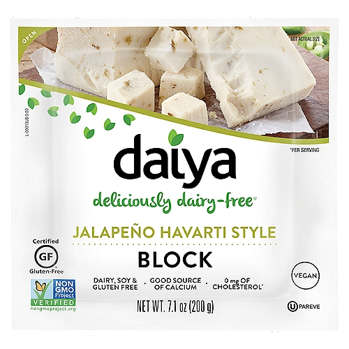 Daiya Block Jalapeño Havarti Style Cheese, 7.1 oz
Deliciously dairy-free®

0 mg of Cholesterol*
*Per Serving