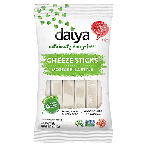 Daiya Mozzarella Style Cheeze Sticks, 0.77 oz, 6 count
Certified Plant Based®

Grab 'n Go
Plant Based Cheeze Sticks

Daiya Mozzarella Style Cheeze Sticks are an equally convenient and delicious dairy-free snack perfect for any on-the-go occasion. Individually wrapped and free from dairy, soy, gluten, peanuts and egg, these plant based treats make a tasty - and safe - addition to any lunch or snack.
Grab. Unwrap. Enjoy. Repeat.