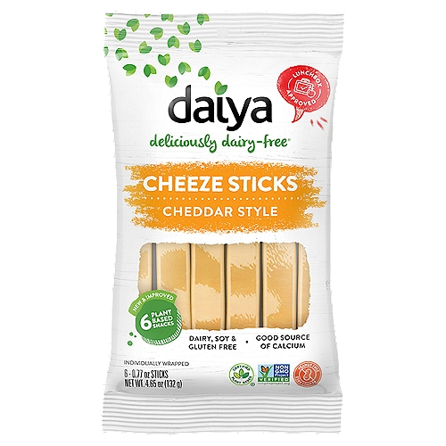 Daiya Cheddar Style Cheeze Sticks, 0.77 oz, 6 count
Certified Plant Based®

Grab 'N Go
Plant Based Cheeze Sticks

Daiya Cheddar Style Cheeze Sticks are an equally convenient and delicious dairy-free snack perfect for any on-the-go occasion. Individually wrapped and free from dairy, soy, gluten, peanuts and egg, these plant based treats make a tasty - and safe - addition to any lunch or snack.
Grab. Unwrap. Enjoy. Repeat.