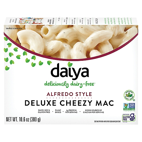 Daiya Alfredo Style Deluxe Cheezy Mac, 10.6 oz
Deliciously dairy-free®

This rich alfredo style sauce provides a delicious creamy flavor with a subtle herb twist. Tossed with our gluten-free brown rice pasta, our Alfredo Style Deluxe Cheezy Mac is sure to delight your senses!