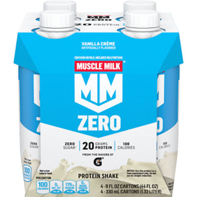 Muscle Milk Zero Protein Shake, Vanilla Crème Artificially Flavored, 11 Fl Oz, 4 Count