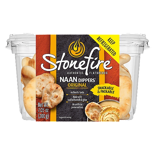 Stonefire Original Naan Dippers, 7.05 oz
Delightful bite-sized tandoor oven baked* naan the whole family will love
Do you scoop, dip or top...
Spread or share
Snacks, apps, breakfast, lunch, dinner, & desserts
*Baked in our patented tandoor tunnel oven.