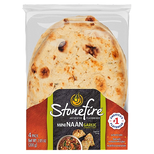 Stonefire Mini Garlic Naan, 4 count, 7.05 oz
Hand-Stretched and Tandoor Oven Baked* to Honor 2.000 Years of Tradition
Do You Dip, Top or Drizzle...
Spread or Wrap
Snacks, Apps, Breakfast, Lunch, Dinner, & Desserts
*Baked in Our Patented Tandoor Tunnel Oven.