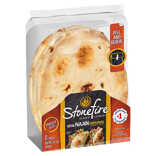 Stonefire Original Mini Naan Family Size, 8 count, 14.1 oz
#1 Most Trusted by Americans 2020 - BrandSpark Most Trusted Awards™ - Multi-Year Winner
†Voted Most Trusted Artisan Flatbread by American Shoppers Based on the Brandspark® American Trust Study, 2019 and 2020.

Hand-Stretched and Tandoor Oven Baked* to Honor 2.000 Years of Tradition
Do You Dip, Top or Drizzle...
Spread or Wrap
Snacks, Apps, Breakfast, Lunch, Dinner, & Desserts
*Baked in Our Patented Tandoor Tunnel Oven.