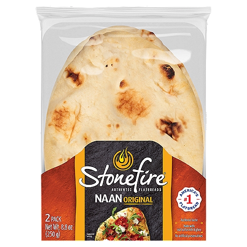 Stonefire Original Naan, 2 count, 8.8 oz
Tandoor oven baked*
*Baked in our patented tandoor tunnel oven.

Hand-stretched and tandoor oven-baked to honor 2,000 years of tradition
Do you dip, top or drizzle...
Spread or wrap
Snacks, apps, breakfast, lunch, dinner, & desserts