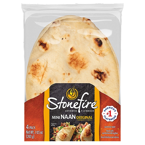 Stonefire Mini Original Naan, 4 count, 7.05 oz
Tandoor oven baked*
*Baked in our patented tandoor tunnel oven.

Hand-stretched and tandoor oven-baked to honor 2,000 years of tradition
Do you dip, top or drizzle...
Spread or wrap
Snacks, apps, breakfast, lunch, dinner, & desserts