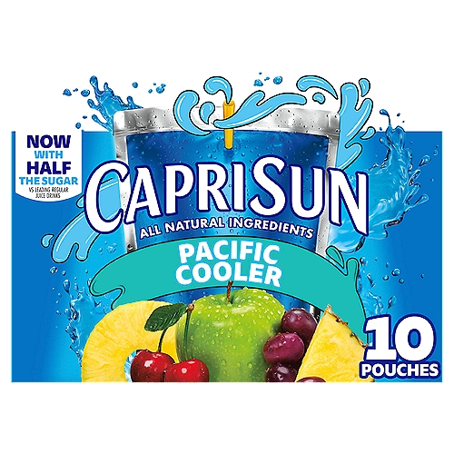 Capri Sun Naturally Flavored Pacific Cooler Mixed Fruit Juice Drink Blend offers an all natural drink option conveniently packaged in individual juice pouches for maximum portability. Each juice pouch of ready-to-drink beverage captures the sweet, juicy flavor of mixed fruit in a kids juice drink that will remind them of their favorite juice box. Our 10 count box of mixed fruit juice pouches contain no artificial colors, flavors or preservatives and no high fructose corn syrup. That's what makes Capri Sun as epic as the kids who drink it. Each 6 fluid ounce mixed fruit single-serve pouch contains 30% less sugar than leading regular juice drinks (our product has 13 grams of sugars; while leading regular juice drinks have 20 grams of sugars per 6 fluid ounce serving). If your kids love juice boxes, try Capri Sun! These thirst-quenching kids drinks come in 10 individual juice pouches with attached straws for convenience.

• One box of Capri Sun Pacific Cooler Mixed Fruit Flavored Juice Drink Blend (10 ct 6 fl oz pouches)
• Capri Sun Naturally Flavored Pacific Cooler Mixed Fruit Juice Drink Blend is a fun, refreshing kids juice with all natural ingredients
• Our ready-to-drink juice pouches offer a convenient way for kids to hydrate
• A blast of mixed fruit flavor from natural ingredients gives our kids drinks an extra juicy taste
• Packaged in a convenient pouch for school lunches and on-the-go activities
• Seize the fruity pouch and stay hydrated with our ready-to-drink juice blend
• SNAP & EBT eligible food item