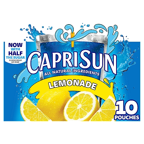 Capri Sun Naturally Flavored Lemonade Juice Drink Blend offers an all natural drink option conveniently packaged in individual juice pouches for maximum portability. Each juice pouch of ready-to-drink beverage captures the bright, sunny flavor of lemonade in a kids juice drink that will remind them of their favorite juice box. Our 10 count box of lemonade juice pouches contain no artificial colors, flavors or preservatives and no high fructose corn syrup. That's what makes Capri Sun as epic as the kids who drink it. Each 6 fluid ounce mixed fruit single-serve pouch contains 30% less sugar than leading regular juice drinks (our product has 13 grams of sugars; while leading regular juice drinks have 20 grams of sugars per 6 fluid ounce serving). If your kids love juice boxes, try Capri Sun! These thirst-quenching kids drinks come in 10 individual juice pouches with attached straws for convenience.

• One box of Capri Sun® Lemonade Juice Drink Blend (10 ct 6 fl oz pouches)
• Capri Sun Naturally Flavored Lemonade Juice Drink is a kids juice that delivers fun refreshment with all natural ingredients
• Our ready-to-drink kids juice pouches offer a convenient and delicious way for kids to hydrate
• A blast of lemon flavor from natural ingredients gives each juice pouch the refreshing taste of lemonade
• Packaged in a convenient and iconic pouch for school lunches and on-the-go activities
• Quench your thirst with our delicious ready-to-drink juice blend
• SNAP & EBT eligible food item