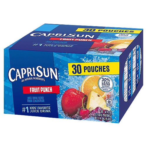 Capri Sun Fruit Punch Naturally Flavored Juice Drink Blend, 30 ct Box, 6 fl oz Pouches
Capri Sun Naturally Flavored Fruit Punch Juice Drink Blend offers an all natural drink option conveniently packaged for portability. Each pouch of ready to drink fruit punch captures the sweet, juicy flavor of oranges, pineapples, apples, and other fruits in a kid-friendly drink. This 30 count box of fruit punch drink pouches contains no artificial colors, flavors or preservatives and no high fructose corn syrup. That's what makes Capri Sun as epic as the kids who drink it. Each 6 fluid ounce fruit punch single-serve pouch contains 30% less sugar than leading regular juice drinks (this product has 13 grams of sugar; while leading regular juice drinks have 20 grams of sugar per 6 fluid ounce serving). This thirst-quenching drink for kids comes in 30 individual pouches with attached straws for convenience.

• One 30 ct. box of Capri Sun Naturally Flavored Fruit Punch Juice Drink Blend
• Capri Sun Naturally Flavored Fruit Punch Juice Drink Blend delivers fun refreshment with all natural ingredients
• Our ready to drink juice drink blend offers a convenient way for kids to hydrate
• A blast of fruit punch flavor from natural ingredients creates an appealing kids drink
• Contains no artificial colors, flavors or preservatives and no high fructose corn syrup
• Each pouch contains 30% less sugar than leading regular juice drinks (This product 13 g total sugar; leading regular juice drinks 20 g total sugar per 6 fl. oz. serving)
• Packed in individual pouches with straws for an easy on-the-go drink
• SNAP & EBT eligible food item