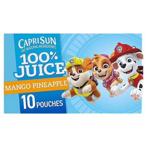 Capri Sun Mango Pineapple Flavored 100% Juice, 6 fl oz, 10 count
Capri Sun 100% Juice Paw Patrol Naturally Flavored Mango Pineapple Juice Blend offers a refreshing on-the-go drink that's made with all natural fruit juice. Ready to drink right from the pouch, this kids drink captures the ripe, fresh flavors of mangos and pineapples for a classic taste your kids will love. Each 6 fluid ounce pouch contains 3/4 cup of fruit juice, so you get the taste of real fruit (as part of a well-balanced diet, eat a variety of fruit every day and be sure to make most of your fruits whole fruits; USDA MyPlate recommends a daily intake of 2 cups of fruit for a 2,000 calorie diet). Our mango pineapple juice is made with no added sugar and without artificial flavors, colors, preservatives or high fructose corn syrup (not a low calorie food; see nutrition information for calorie and sugar content). Pack them in your purse or diaper bag for adventures away from home, or stock up your fridge with a 10 count box of fruit juice drink pouches for quick refreshment around the house and drinks for school lunches.

• Ten 6 fl. oz. pouches of Capri Sun 100% Juice Paw Patrol Naturally Flavored Mango Pineapple Juice Blend
• Capri Sun 100% Juice Paw Patrol Naturally Flavored Mango Pineapple Juice Blend delivers refreshing hydration with all natural ingredients
• This 100% Juice option has refreshing flavors kids will love
• Made with no added sugar and without artificial colors, flavors, preservatives or high fructose corn syrup
• Each pouch contains 3/4 cup of fruit juice
• Packaged in individual fruit juice pouches for convenience
• Perfect for your child's lunch or on-the-go snack