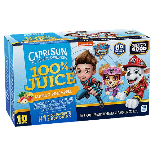 Capri Sun Mango Pineapple Flavored 100% Juice, 6 fl oz, 10 count
Capri Sun 100% Juice Paw Patrol Naturally Flavored Mango Pineapple Juice Blend offers a refreshing on-the-go drink that's made with all natural fruit juice. Ready to drink right from the pouch, this kids drink captures the ripe, fresh flavors of mangos and pineapples for a classic taste your kids will love. Each 6 fluid ounce pouch contains 3/4 cup of fruit juice, so you get the taste of real fruit (as part of a well-balanced diet, eat a variety of fruit every day and be sure to make most of your fruits whole fruits; USDA MyPlate recommends a daily intake of 2 cups of fruit for a 2,000 calorie diet). Our mango pineapple juice is made with no added sugar and without artificial flavors, colors, preservatives or high fructose corn syrup (not a low calorie food; see nutrition information for calorie and sugar content). Pack them in your purse or diaper bag for adventures away from home, or stock up your fridge with a 10 count box of fruit juice drink pouches for quick refreshment around the house and drinks for school lunches.

• Ten 6 fl. oz. pouches of Capri Sun 100% Juice Paw Patrol Naturally Flavored Mango Pineapple Juice Blend
• Capri Sun 100% Juice Paw Patrol Naturally Flavored Mango Pineapple Juice Blend delivers refreshing hydration with all natural ingredients
• This 100% Juice option has refreshing flavors kids will love
• Made with no added sugar and without artificial colors, flavors, preservatives or high fructose corn syrup
• Each pouch contains 3/4 cup of fruit juice
• Packaged in individual fruit juice pouches for convenience
• Perfect for your child's lunch or on-the-go snack