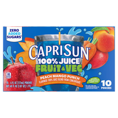 Capri Sun Fruit & Veg Peach Mango Punch 100% Juice, 6 fl oz, 10 count