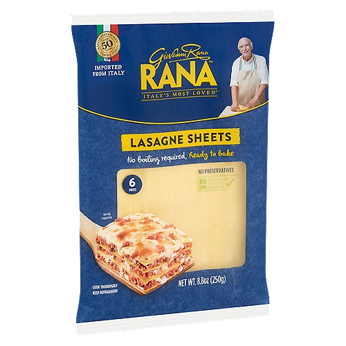 Giovanni Rana Lasagne Sheets, 6 count, 8.8 oz
No GMO - Non-genetically engineered ingredients**
** This product is made with non-genetically engineered ingredients as process verified by DNV GL.

Did You Know? In this product there are:
• no preservatives
• no GMO ingredients
• no artificial flavors
• no artificial colors
• no powdered eggs
• 100% cage-free eggs +
+ Eggs from hens not raised in cages

Our Lasagne Sheets are the secret to perfecting any lasagne recipe. Our pasta's special texture means the pasta cooks quickly in the oven, and holds your dish together for the most flavor in each bite.