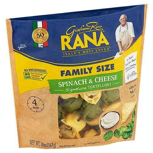 Rana Spinach & Cheese Signature Tortelloni Family Size, 20 oz
No GMO - Non-genetically engineered ingredients**
**This product is made with non-genetically engineered ingredients as process verified by DNV GL. https://www.dnvgl.us

Did you know? In this product there are:
• no preservatives
• no GMO ingredients
• no artificial flavors and colors
• no hydrogenated fats
• no gums
• no powdered eggs
• 100% cage-free eggs +
+ Eggs from hens not raised in cages

My recipe contains ricotta made with no gums or fillers. We use fresh baby spinach, chopping whole leaves to ensure the best flavor and aroma.