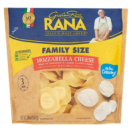 Giovanni Rana Mozzarella Cheese Ravioli Family Size, 20 oz
No GMO - Non-genetically engineered ingredients**
**This product is made with non-genetically engineered ingredients as process verified by DNV GL. https://www.dnvgl.us

Did You Know? In this product there are:
• no preservatives
• no GMO ingredients
• no artificial flavors
• no artificial colors
• no hydrogenated fats
• no gums
• no powdered eggs
• 100% cage-free eggs +
+ Eggs from hens not raised in cages