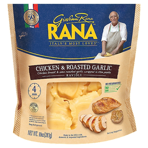 Rana Chicken & Roasted Garlic Ravioli, 10 oz
Chicken Breast & Oven Roasted Garlic Wrapped in Thin Pasta

No GMO - Non-genetically engineered ingredients**
**This product is made with non-genetically engineered ingredients as process verified by DNV GL. https://www.dnvgl.us

Did you know? In this product there are:
• no preservatives
• no GMO ingredients
• no artificial flavors
• no artificial colors
• no gums
• no powdered eggs
• 100% cage-free eggs +
+ Eggs from hens not raised in cages

We use chicken breast, lean and tender, and oven roast it according to the Italian tradition.