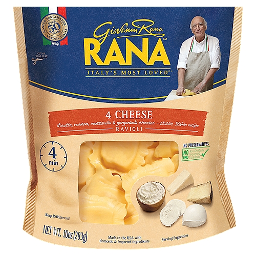 Rana 4 Cheese Ravioli, 10 oz
No GMO - Non-genetically engineered ingredients**
**This product is made with non-genetically engineered ingredients as process verified by DNV GL. https://www.dnvgl.us

Did you know? In this product there are:
• no preservatives
• no GMO ingredients
• no artificial flavors
• no artificial colors
• no hydrogenated fats
• no gums
• no powdered eggs
• 100% cage-free eggs +
+ Eggs from hens not raised in cages

''4 Cheese'' comes from ''4 Formaggi'', the Italian art of blending the best cheeses. Some give a wonderful creamy texture, while others the perfect balance of flavor. It is my pleasure to bring you this blend based on one of my favorite recipes.