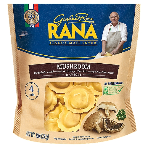 Rana Mushroom Ravioli, 10 oz
Portobello Mushrooms & Creamy Cheeses Wrapped in Thin Pasta

No GMO - Non-genetically engineered ingredients**
**This product is made with non-genetically engineered ingredients as process verified by DNV GL. https://www.dnvgl.us

Did you know? In this product there are:
• no preservatives
• no GMO ingredients
• no artificial flavors
• no artificial colors
• no hydrogenated fats
• no gums
• no powdered eggs
• 100% cage-free eggs+
+ Eggs from hens not raised in cages

We use only portobello mushrooms, with rich flavor and a delicious bite. We cook them in our kitchen according to the Italian tradition, sautéed in big pans with simple ingredients.