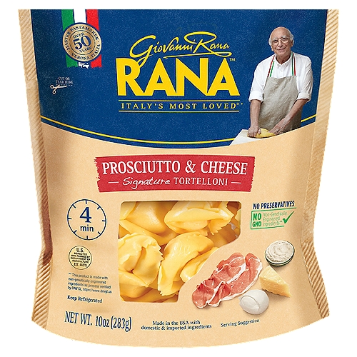 Rana Prosciutto & Cheese Signature Tortelloni, 10 oz
No GMO - Non-genetically engineered ingredients**
** This product is made with non-genetically engineered ingredients as process verified by DNV GL. https://www.dnvgl.us

Did you know? In this product there are:
• no preservatives
• no GMO ingredients
• no artificial flavors
• no artificial colors
• no gums
• no powdered eggs
• 100% cage-free eggs +
+ Eggs from hens not raised in cages

The prosciutto we use is made according to the authentic Italian tradition. No preservatives, no artificial colors or flavors are ever added.