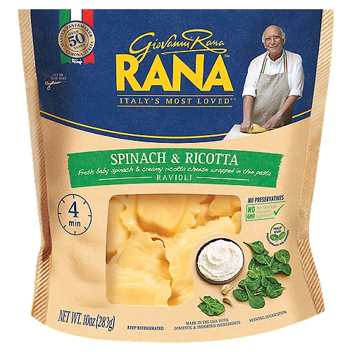 Rana Spinach & Ricotta Ravioli, 10 oz
Fresh Baby Spinach & Creamy Ricotta Cheese Wrapped in Thin Pasta

No GMO - Non-genetically engineered ingredients**
**This product is made with non-genetically engineered ingredients as process verified by DNV GL. https://www.dnvgl.us

Did you know? In this product there are:
• no preservatives
• no GMO ingredients
• no artificial flavors
• no artificial colors
• no hydrogenated fats
• no gums
• no powdered eggs
• 100% cage-free eggs +
+ Eggs from hens not raised in cages

My recipe contains ricotta made with no gums or fillers and 1/2 cup of fresh baby spinach per serving. We use fresh baby spinach, chopping whole leaves to ensure the best flavor and aroma.