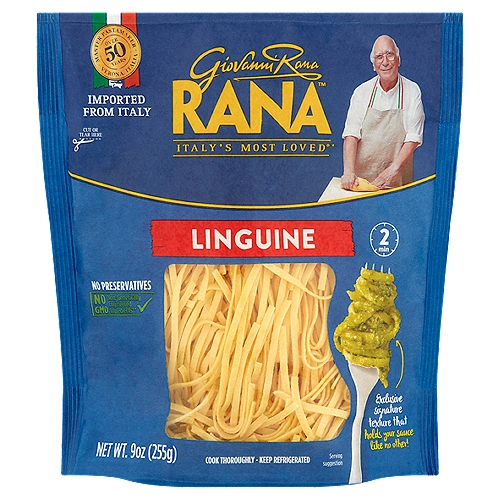 Rana Linguine, 9 oz
No GMO - Non-genetically engineered ingredients**
**This product is made with non-genetically engineered ingredients as process verified by DNV GL. https://www.dnvgl.us

Did you know? In this product there are:
• no preservatives
• no GMO ingredients
• no artificial flavors
• no artificial colors
• no powdered eggs
• 100% cage-free eggs +
+ Eggs from hens not raised in cages

The texture of my pasta is a little bit rough, as though it were hand rolled. The special texture gives the perfect ''al dente'' bite, and means the pasta cooks quickly, doesn't stick together, and holds the sauce better.
