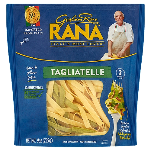 Rana Tagliatelle, 9 oz
Green & Yellow Pasta

No GMO - Non-genetically engineered ingredients**
**This product is made with non-genetically engineered ingredients as process verified by DNV GL. https://www.dnvgl.us

Did you know? In this product there are:
• no preservatives
• no GMO ingredients
• no artificial flavors
• no artificial colors
• no powdered eggs
• 100% cage-free eggs +
+ Eggs from hens not raised in cages

My green & yellow tagliatelle (called ''paglia e fieno'' in Italy) gets its wonderful color from spinach and eggs. The special texture gives the perfect ''al dente'' bite, and means the pasta cooks quickly, doesn't stick together, and holds the sauce better.