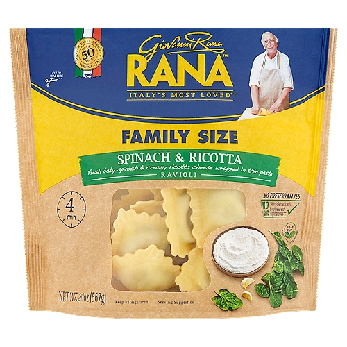 Rana Spinach & Ricotta Ravioli Family Size, 20 oz
Fresh Baby Spinach & Creamy Ricotta Cheese Wrapped in Thin Pasta

No GMO - Non-genetically engineered ingredients**
**This product is made with non-genetically engineered ingredients as process verified by DNV GL. https://www.dnvgl.us

Did you know? In this product there are:
• no preservatives
• no GMO ingredients
• no artificial flavors
• no artificial colors
• no hydrogenated fats
• no gums
• no powdered eggs
• 100% cage-free eggs +
+ Eggs from hens not raised in cages

My recipe contains ricotta made with no gums or fillets and 1/2 cup of fresh baby spinach per serving. We use fresh baby spinach, chopping whole leaves to ensure the best flavor and aroma.