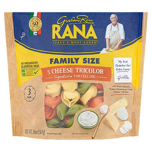 Rana 5 Cheese Tricolor Signature Tortelloni Family Size, 20 oz
No GMO - Non-genetically engineered ingredients**
**This product is made with non-genetically engineered ingredients as process verified by DNV GL. https://www.dnvgl.us

Did you know? In this product there are:
• no preservatives
• no GMO ingredients
• no artificial flavors
• no artificial colors
• no hydrogenated fats
• no gums
• no powdered eggs
• 100% cage-free eggs +
+ Eggs from hens not raised in cages

There is an art of blending the best cheeses. Some cheeses give a wonderful creamy texture, and others bring the perfect balance of flavor. It is my pleasure to bring you this mild blend based on one of my favorite recipes.