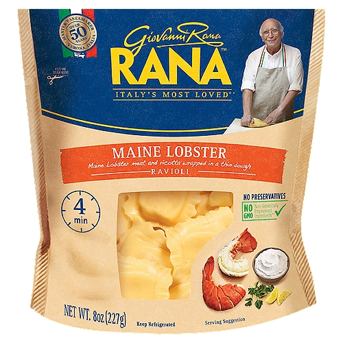 Maine Lobster Meat and Ricotta Wrapped in a Thin Dough

No GMO - Non-genetically engineered ingredients**
** This product is made with non-genetically engineered ingredients as process verified by DNV GL. https://www.dnvgl.us

Did You Know? In this product there are:
• no preservatives
• no GMO ingredients
• no artificial flavors
• no artificial colors
• no hydrogenated fats
• no gums
• no powdered eggs
• 100% cage-free eggs +
+ Eggs from hens not raised in cages
