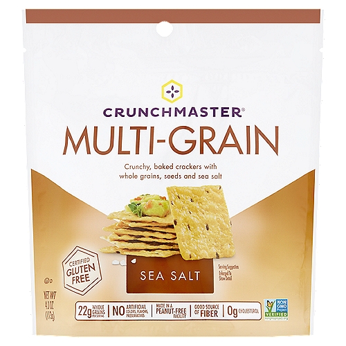 Crunchmaster Multi-Grain Sea Salt Crackers, 4.0 oz
Crunchy, Baked Crackers with Whole Grains, Seeds and Sea Salt

Crackers & snacks you can feel good about

Wholesome Grains with an Incredible Taste
Our special blend of whole grains and seeds is what gives this cracker wholesome goodness, superb flavor and the crunch you crave. Plus, they're gluten-free and cholesterol-free! So you can feel good about always having a couple of pouches in your kitchen, because everyone in the house will be looking for them.